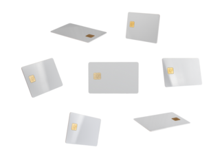 Bank card mockup in different angles and positions. Glossy, clear plastic design showcasing credit