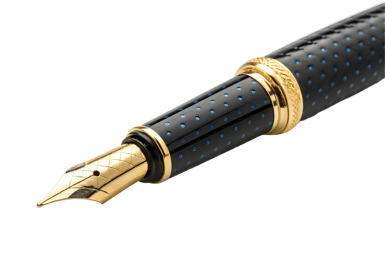 Close up of a luxurious fountain pen with golden nib and intricate design for elegant writing tool