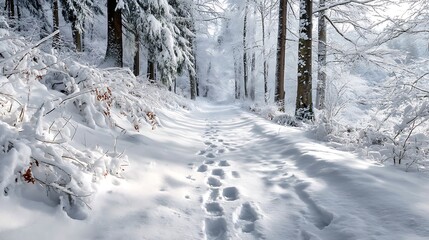 Snowy path winds through winter forest trail