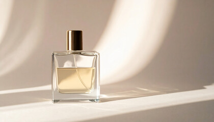 Clear square glass perfume bottle with a gold top on a light white surface with gentle light and dark areas.
