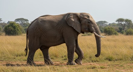 Obraz premium A large African elephant with tusks walks across a dry grassy plain under a bright sky. In the background are sparse trees and bushes. African wildlife, safari and animal watching