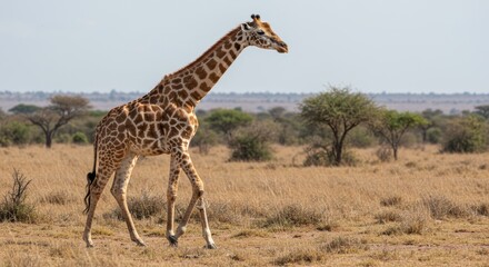 Fototapeta premium A giraffe walks across a dry grassy savannah under a blue sky with sparse clouds. In the background are isolated trees and bushes. African wildlife, safari and animal watching
