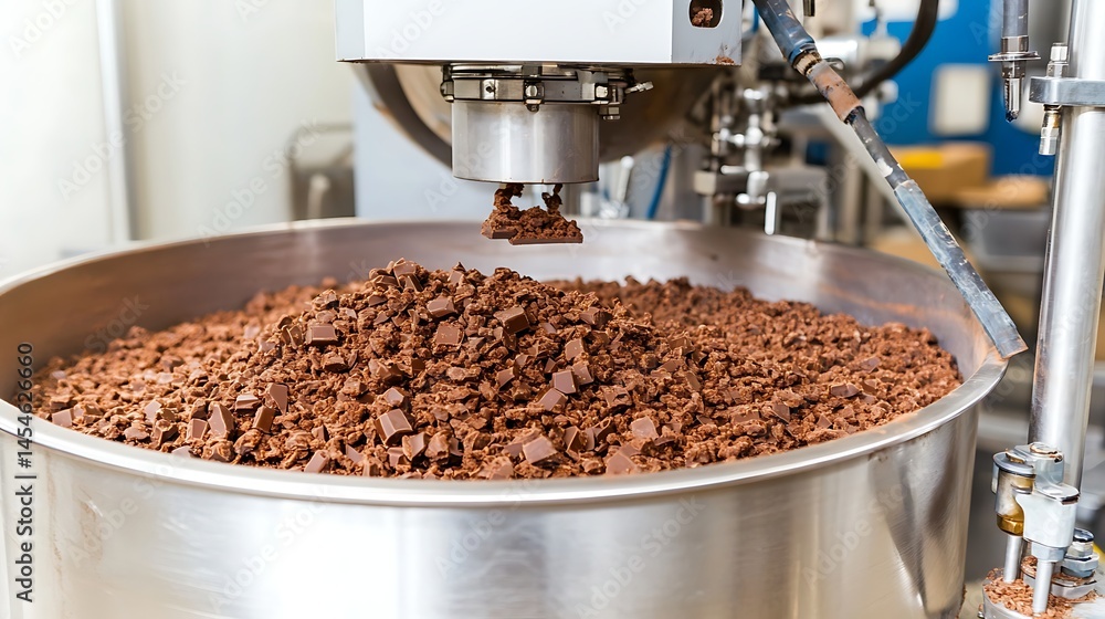 Poster chocolate production process showcasing a large bowl filled with cocoa pieces in a factory setting