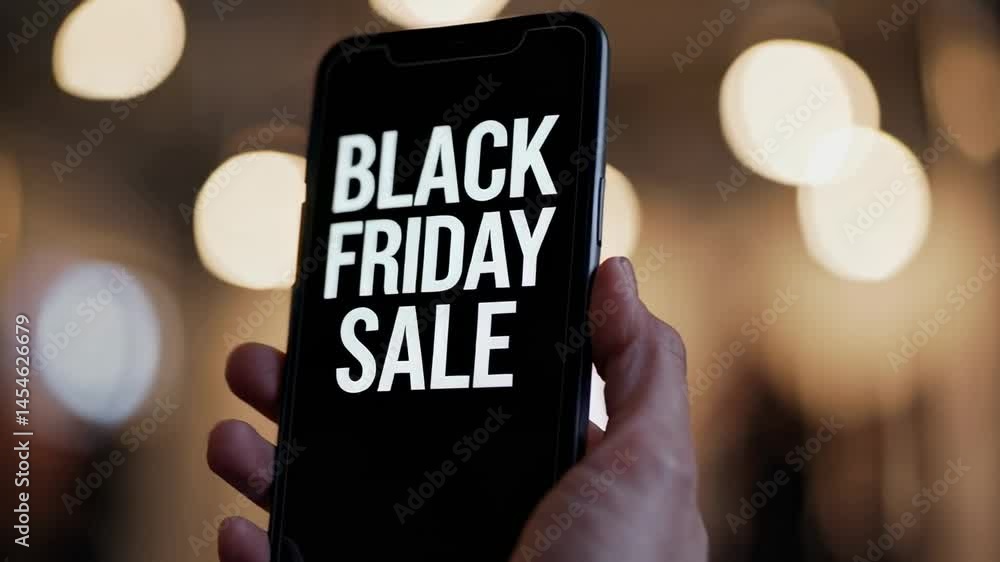 Poster black friday shopping experience featuring customer hand presenting smartphone screen displaying sal