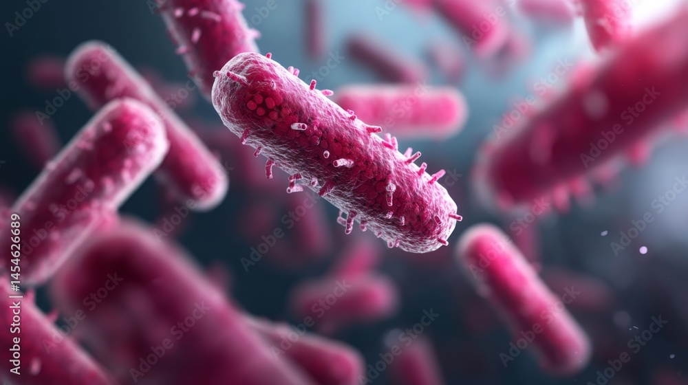 Poster microscopic view of vibrant pink bacteria in a scientific environment showcasing cellular structures