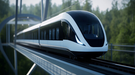 Fototapeta premium Modern train crossing a bridge in a lush green landscape under clear skies during daytime travel
