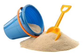 A blue bucket with orange trim and a yellow shovel next to a pile of sand on a transparent background
