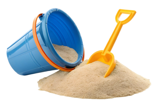 A blue bucket with orange trim and a yellow shovel next to a pile of sand on a transparent background