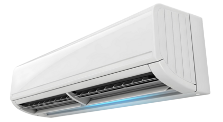 A close up shot of a white air conditioner mounted on a wall with a transparent background indoors