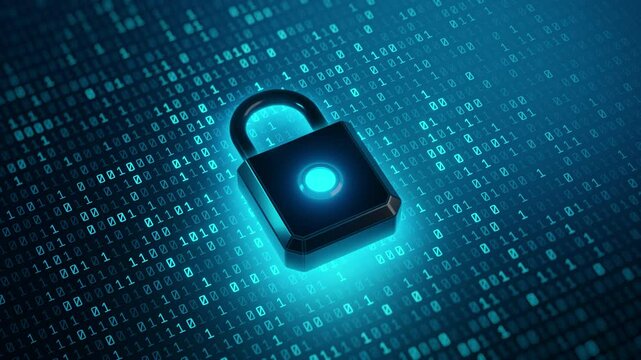 A futuristic glowing padlock sits atop a matrix of binary code, symbolizing cybersecurity, data protection, and encrypted digital systems.