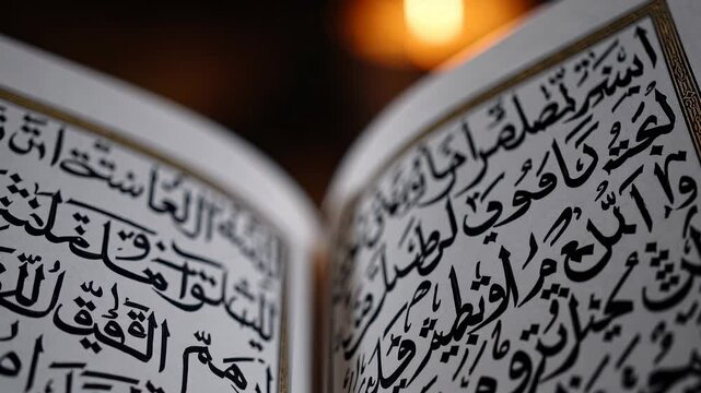 Close-up of Arabic Quran text, elegant calligraphy on open holy book