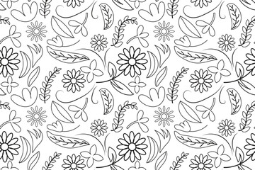 hand drawn flower and leaves repeated background design, vector seamless pattern