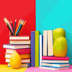 Vector illustration with a set of school supplies: notebooks, pens, pencils, rulers, books, textbooks and other items for studying. Bright and educational design.