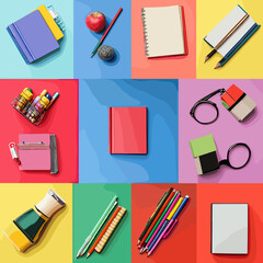Vector illustration with a set of school supplies: notebooks, pens, pencils, rulers, books, textbooks and other items for studying. Bright and educational design.