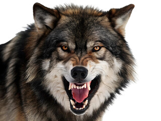 Obraz premium Close up of a wolf snarling with sharp teeth and intense eyes on a transparent background
