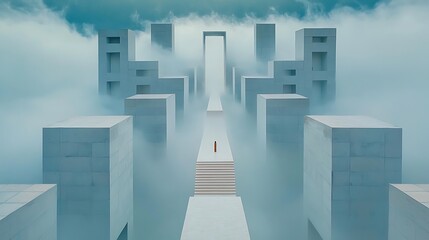 Misty architectural pathway leading to a light-filled gateway