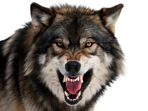 Close up of a wolf snarling with sharp teeth and intense eyes on a transparent background