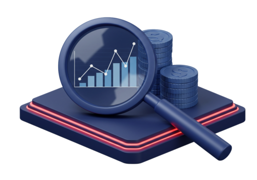 Analyzing Financial Growth with Magnifying Glass and Coins