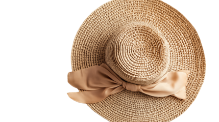 Woven straw summer hat with ribbon, top view, white background PNG