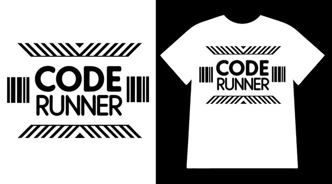 Code Runner T-shirt Design, Bold Monochrome Typography with Tech Style