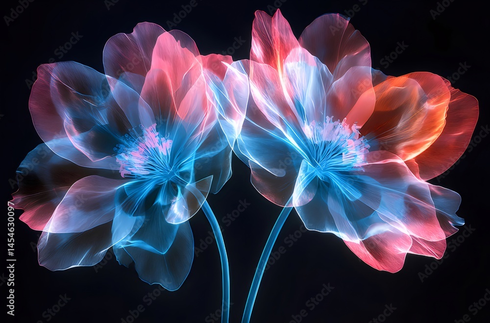 Poster 暗闇に咲く二つのネオンカラーの花 抽象的グラデーションと光の芸術的な描写