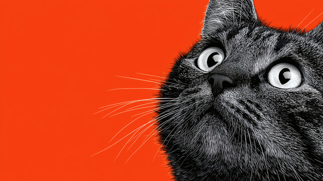 Ilustraci&oacute;n de gato negro con expresi&oacute;n sorprendida sobre fondo rojo