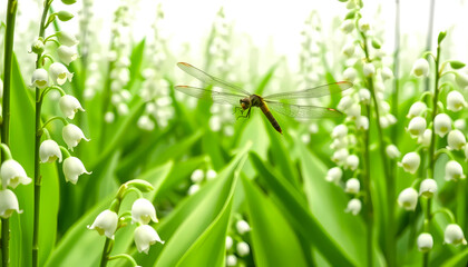 Obraz premium Dragonfly soaring through towering Lily of the Valley flowers in enchanted forest landscape