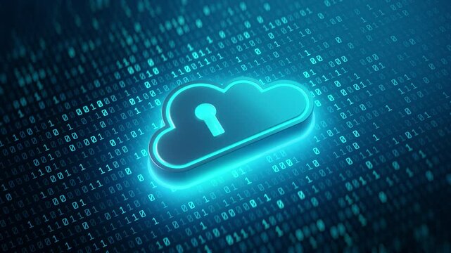 Glowing cloud icon with keyhole on binary code background symbolizes cloud computing security, data encryption, and digital privacy protection.