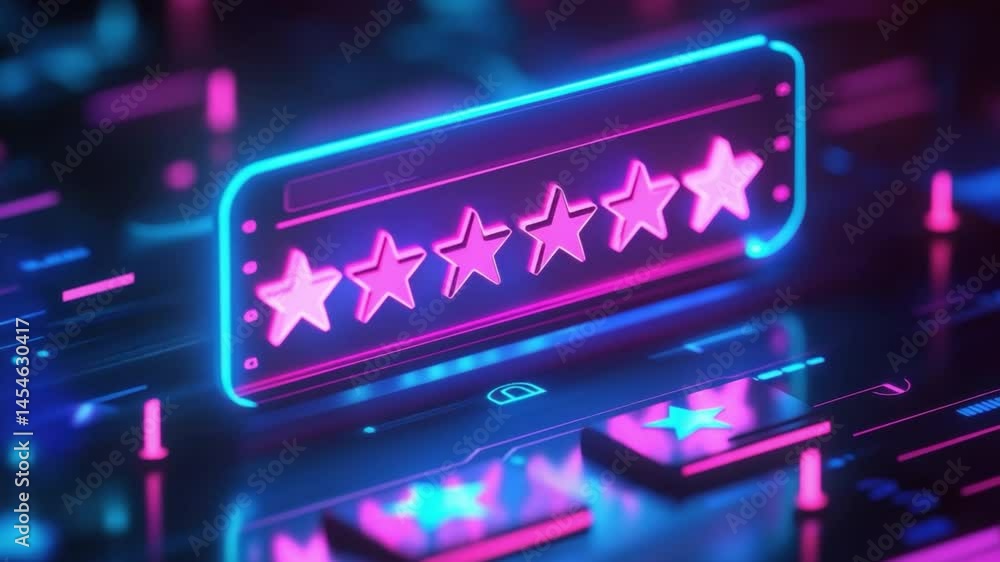 Poster colorful neon digital interface with five stars rating and user interaction icons for feedback and r