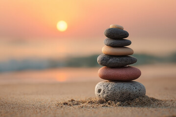 zen stones on the beach  at sunset symbolizing balance and peace