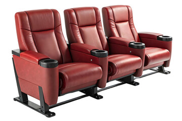 Three red leather movie theater seats with cup holders in a row on a transparent background