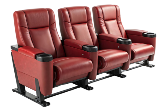 Three red leather movie theater seats with cup holders in a row on a transparent background