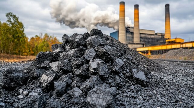 Coal pile with smokestacks, pollution, environmental concerns