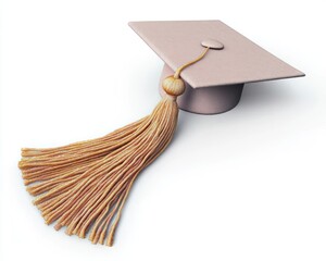 Graduation cap with tassel, light pink on a white background, casting soft shadows