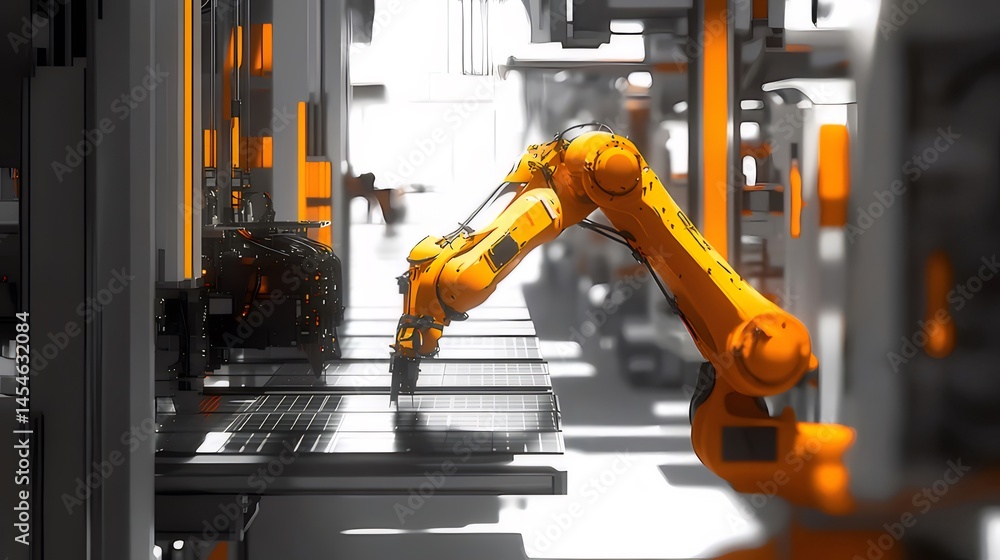 Poster オレンジ色のロボットアームが近代的な工場の自動化された製造プロセスを操作しています