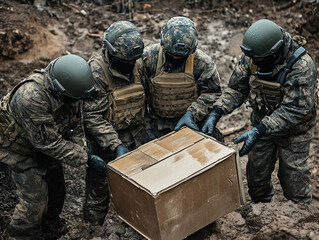 Soldiers in camouflage carefully carrying a box through muddy terrain, illustrating teamwork and logistical support.
