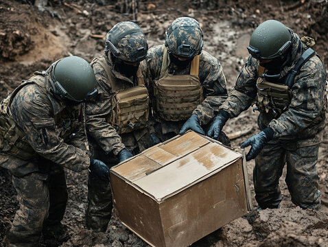 Soldiers in camouflage carefully carrying a box through muddy terrain, illustrating teamwork and logistical support.