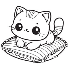 Adorable Kitten Resting on Striped Pillow Cute Cat Coloring Art