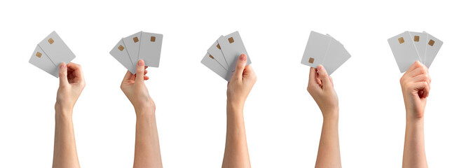 Bank card mockup set. Female hand holding two or three blank gold cards with chip for credit, debit,