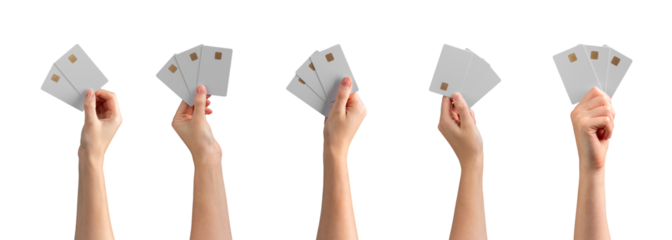 Bank card mockup set. Female hand holding two or three blank gold cards with chip for credit, debit,