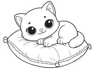 Cute Kitten Resting on Pillow Illustration Vector Drawing Design