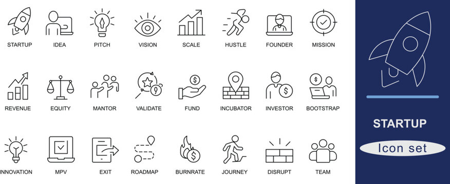 Startup icon set. Modern line art startup icons covering innovation, launch, pitch, funding, growth, and success. Perfect for UI, apps, websites, and digital branding.