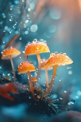 Orange mushrooms glistening with water droplets after rain, a macro scene of nature's beauty.