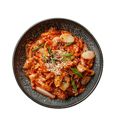 A vibrant bowl of Kimchi garnished with sesame seeds and green onions, isolated on white background and transparent background