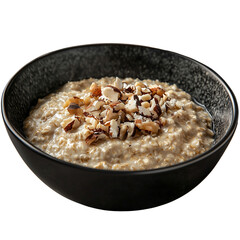 Creamy oatmeal topped with assorted nuts, served in a stylish black bowl isolated on white background and transparent background