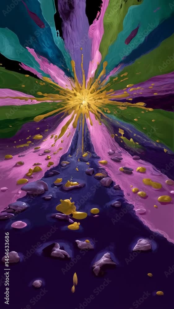 Poster radiating multicolor liquid paint explosion with splatters and drips creating abstract floral vortex