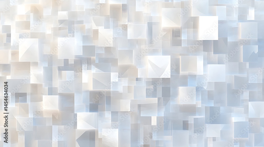 Poster abstract composition of translucent squares and rectangles in soft white and blue tones creating dep