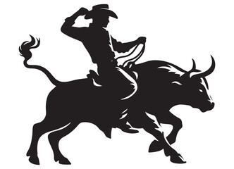 Silhouette of Cowboy Riding Bull Vector Graphic Illustration for Rodeo Events