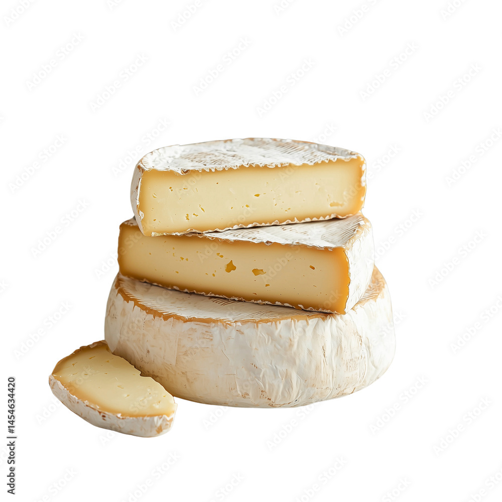 Poster delicious cheese wheels stacked with a slice beside them, showcasing a creamy texture and appealing 