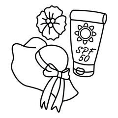 summer Hat and Sunscreen with Flowers, Summer Fun Coloring Page, Bold and Easy, Hand Drawing, Holiday Coloring Fun, flat design illustration, Summer set of icons, Travel, Vector illustration, 
